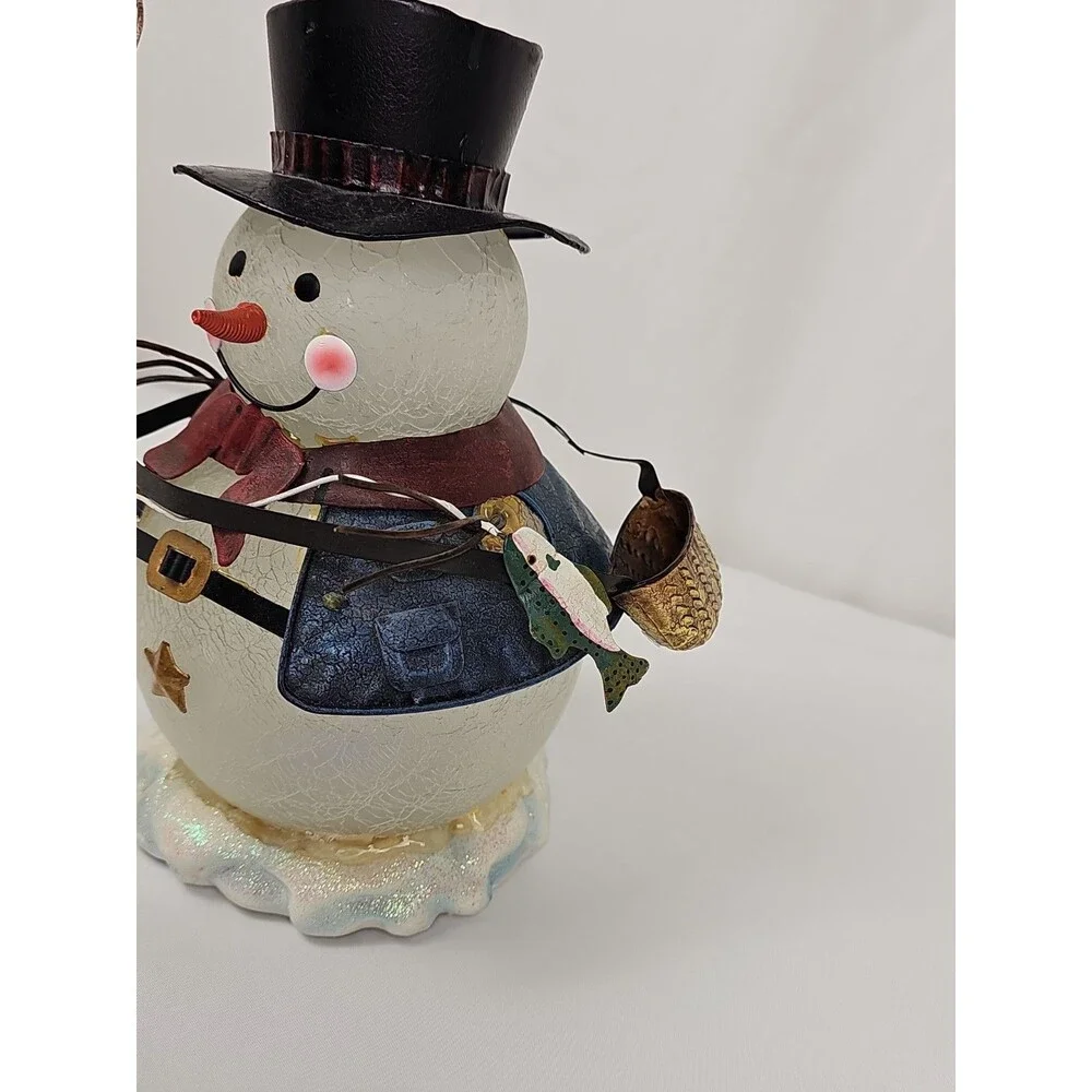 Kirkland's Fishing Snowman Collectible Lighted Crackle Glass Holiday Decor